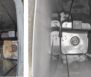 Zdjęcia pojemnika wewnątrz przed i po myciu